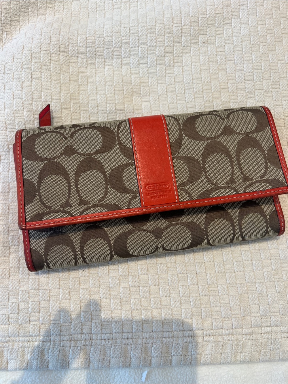 Coach Brown Signature Canvas Continental Wallet with Red Trim